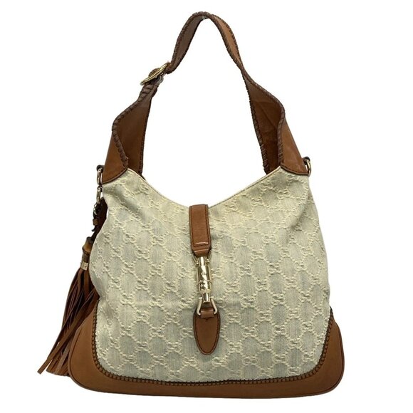 GUCCI GG/New Jackie Light Blue Brown Denim Leather Shoulder Bag 657-080825 - Picture 1 of 14